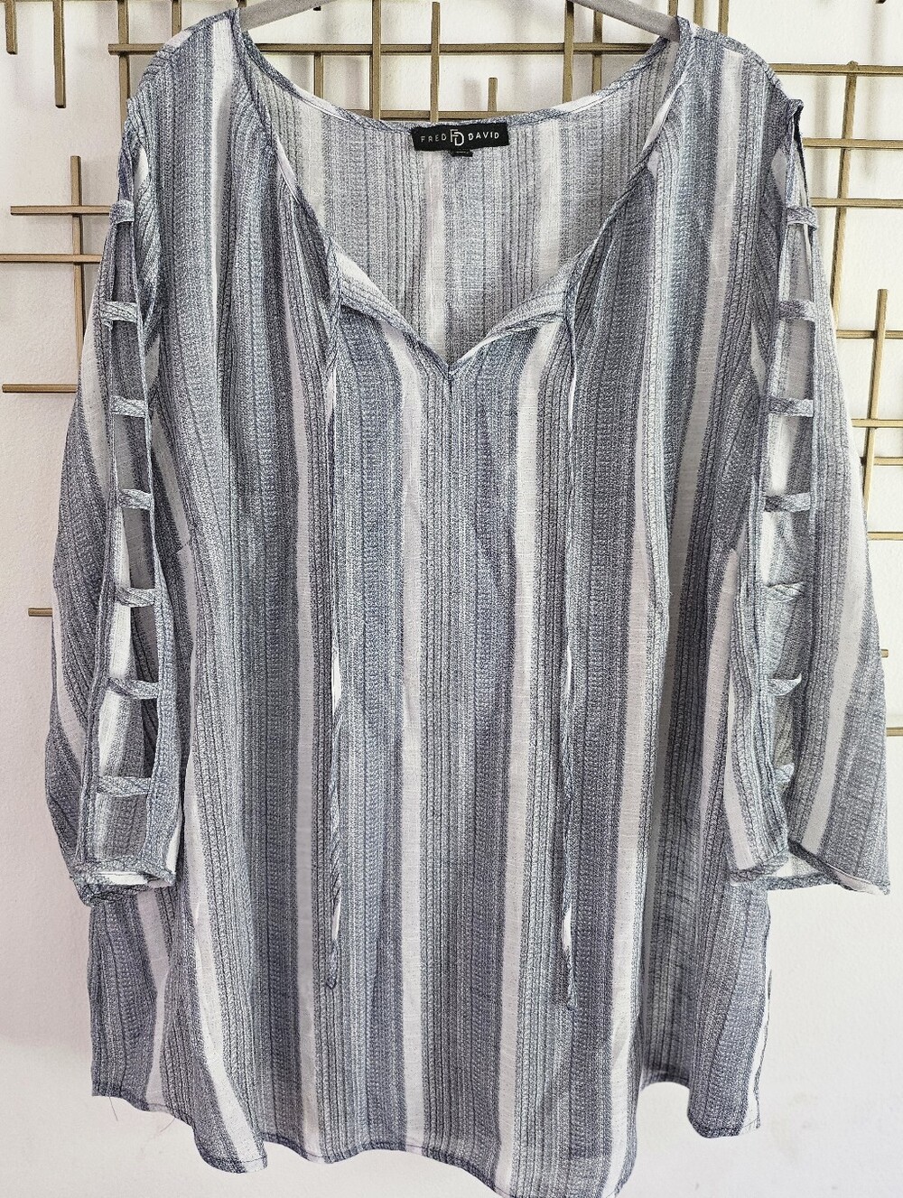2XL- Fred David- Gray & White Striped Ladder-Sleeve Tunic